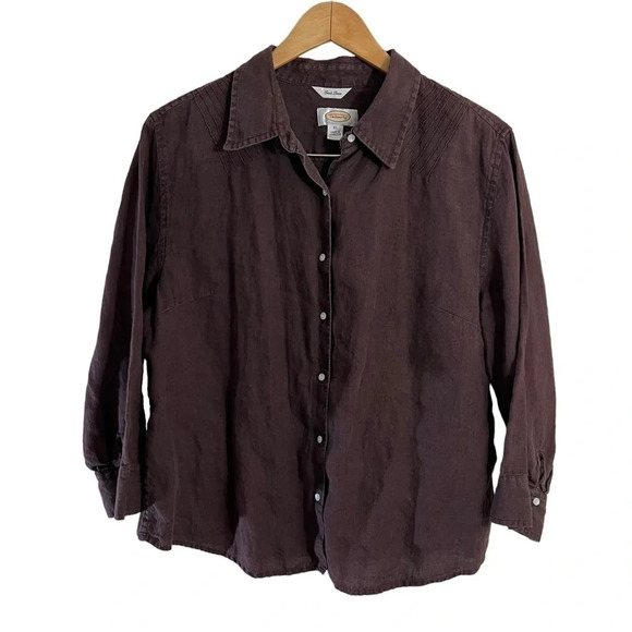 Talbots Chocolate Brown Irish Linen Button Up Shirt XL Pleating Details Collared - Picture 1 of 8